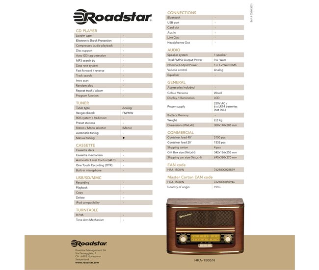 Radio retro Roadstar HRA-1500N Madera