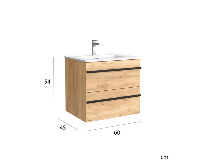 Mueble de baño BORN con perfil de tirador - Lavabo de porcelana 60 Roble