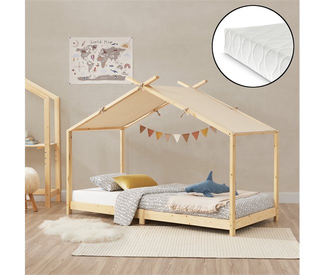 Cama para niños Brome en forma de casa con colchón y techo Pino