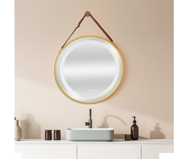Espejo de pared con LED Picerno para baño con correa antivaho 80x3 Dorado