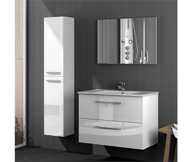 Mueble baño suspendido Axel 2 cajones, espejo y lavabo, Blanco brillo Blanco
