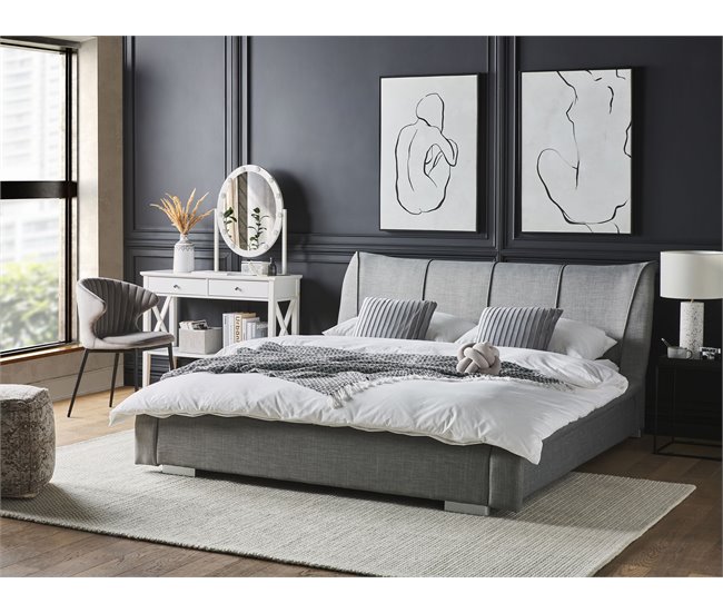 Cama con almacenaje de poliéster gris claro/plateado 180 x 200 cm METZ -  Conforama