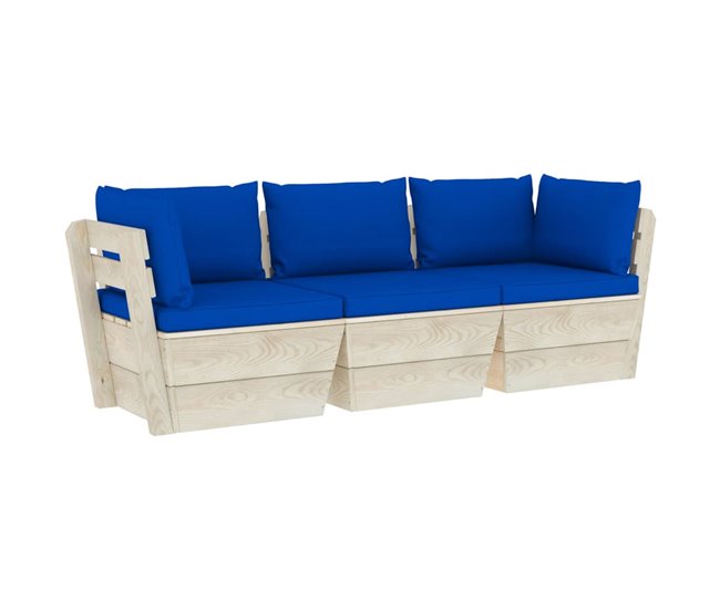 Sofá de palets de jardín 3 plazas con cojines madera de abeto Azul
