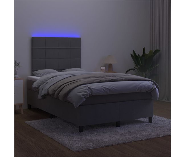 Cama box spring colchón y LED terciopelo - Bloques con cuadros 120x200 Gris
