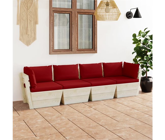 Sofá de palets de jardín 4 plazas con cojines madera de abeto Granate