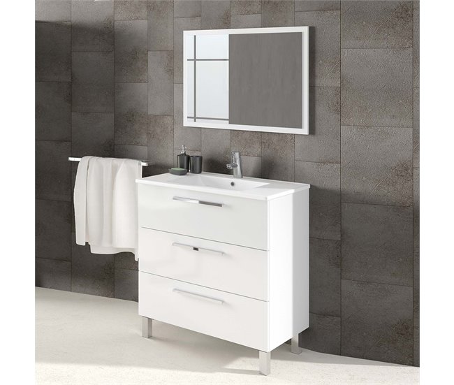 Mueble baño Alise 3 cajones, espejo y lavabo, Blanco brillo Blanco