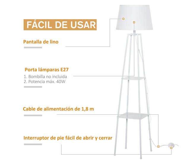 Lámpara de Pie HOMCOM B31-255 32 Blanco