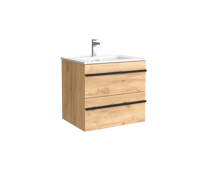 Mueble de baño BORN con perfil de tirador - Lavabo de porcelana 60 Roble