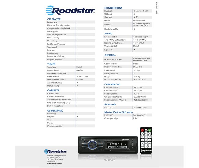 Radio Coche Digital Roadstar RU-375BT Negro