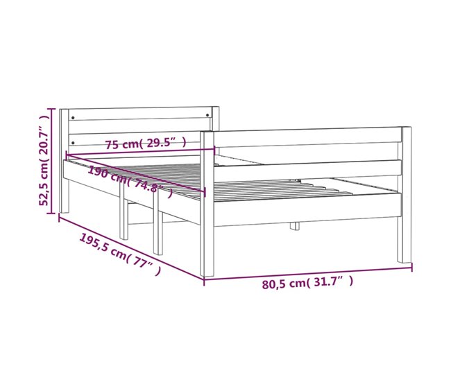 Estructura de cama madera maciza de pino 75x190 Gris