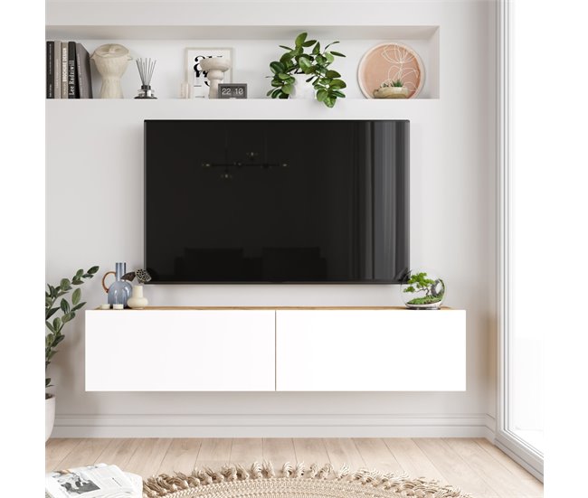 Mueble TV suspendido Lapinlahti Aglomerado 140x32x30 cm roble rústico /  blanco [en.casa]