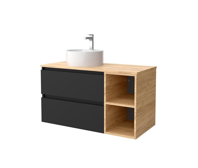 Mueble de baño 100 cm 2 cajones Blanco mate y coqueta 2 huecos Roble con Lavabo  sobre encimera