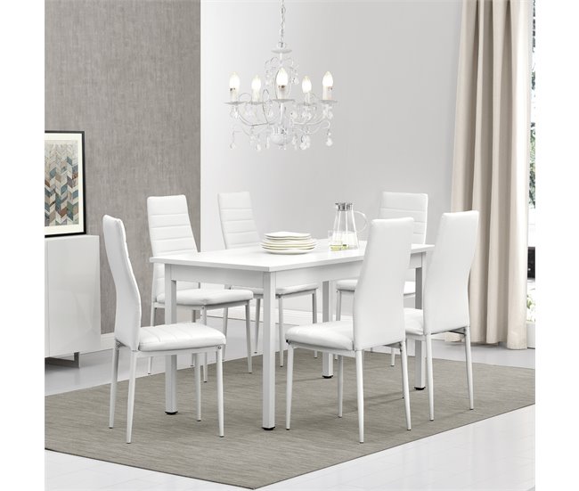 Mesa de comedor con 6 sillas Bjerkvik MDF hierro polipiel 140x60 Blanco
