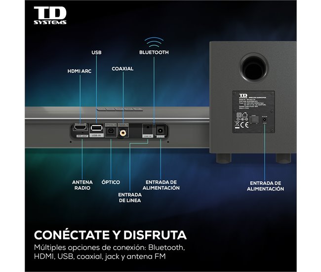 Barra de sonido Bluetooth 5.0 de 120W - TD Systems SB120G11W Negro