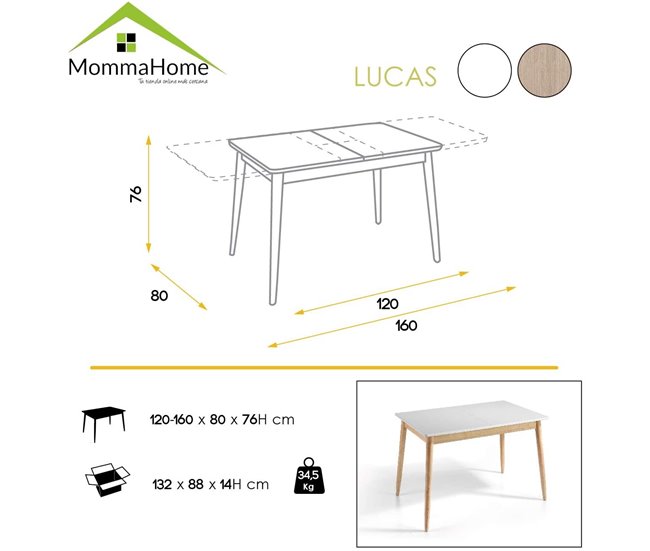Mesa de Comedor Rectangular Extensible - Modelo LUCAS 120x80 Blanco