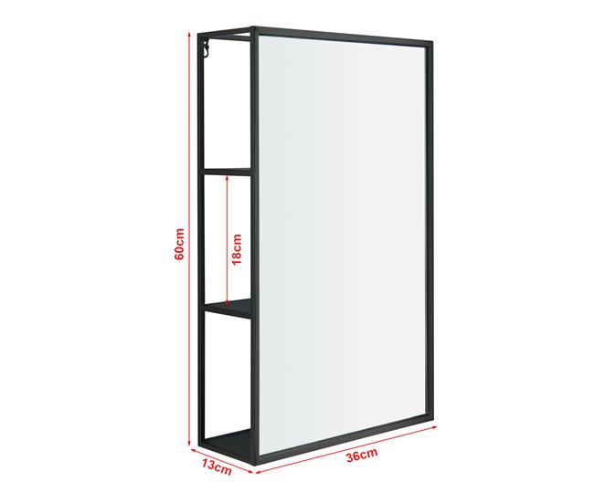 Espejo de pared Sunne rectangular con estantes acero y cristal Negro