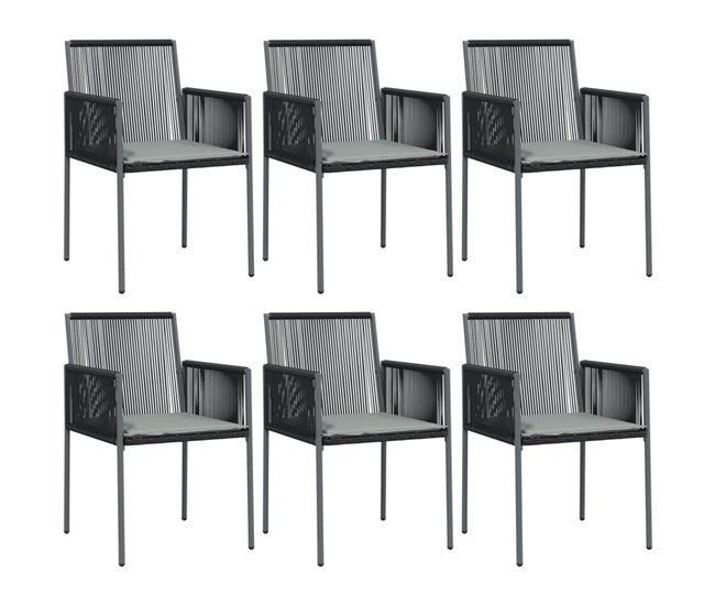 Set 6 sillas jardín de ratán con cojines Negro