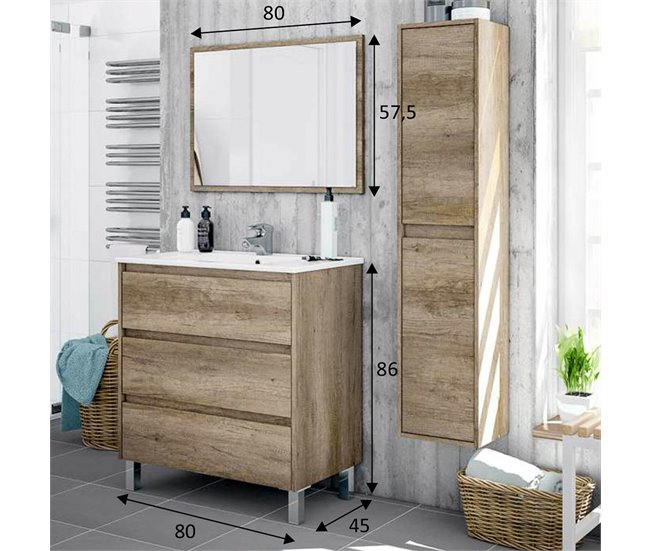 Mueble baño Devin 3 cajones, espejo y lavabo PMMA, Nordik Madera