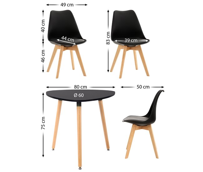 Set de mesa y 3 sillas Libanera para el comedor 150x150 Negro