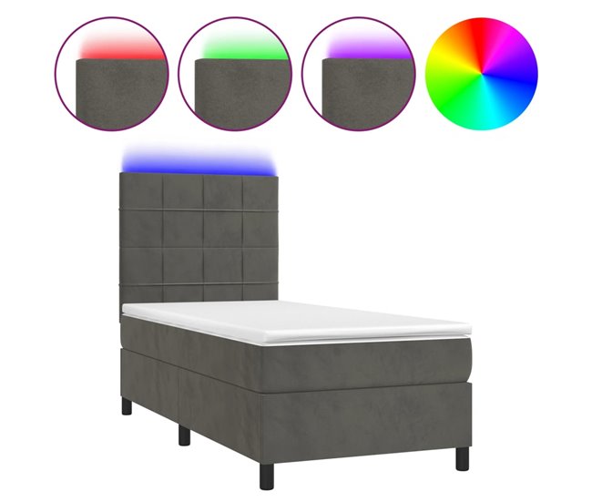 Cama box spring colchón y LED terciopelo - Bloques con cuadros 90x200 Gris