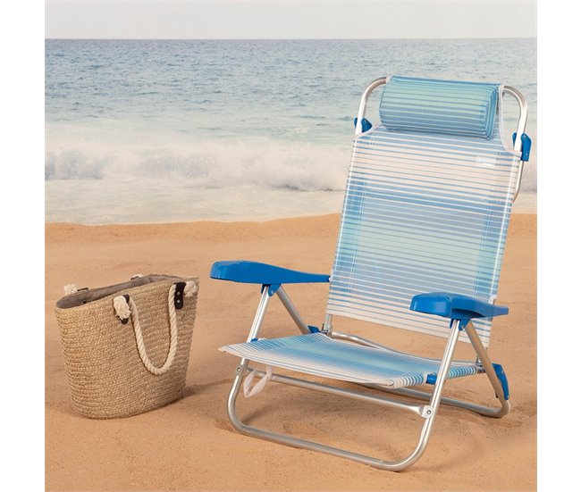 Aktive Silla de playa plegable y reclinable 7 posiciones rayas c/cojín y asas mano Azul