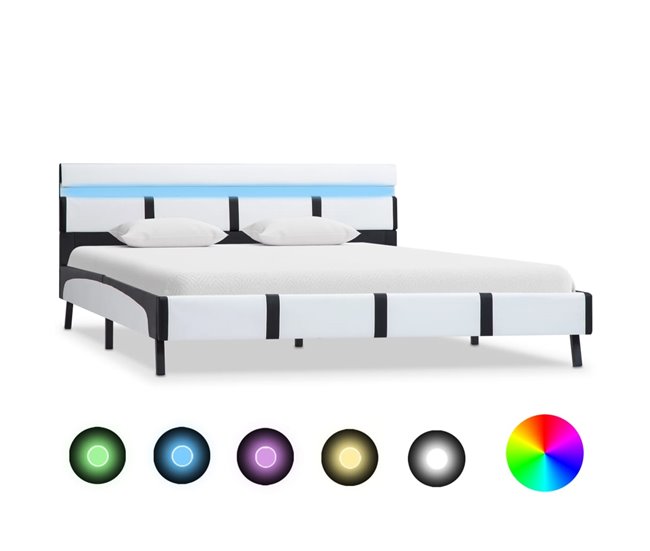Estructura de cama con LED de cuero sintético 140x200 Blanco