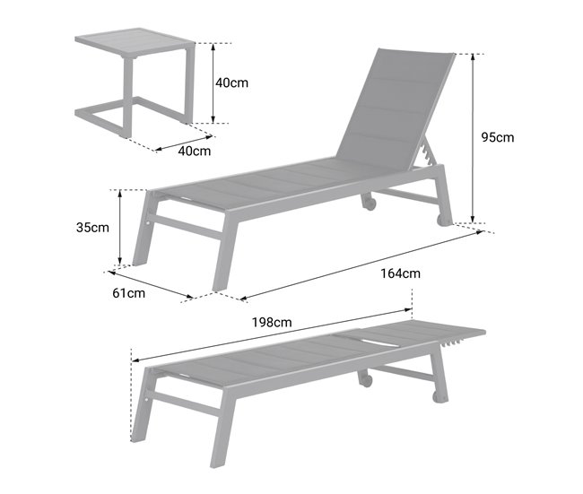 Conjunto de tumbona y mesa auxiliar BARBADOS de textileno y aluminio Blanco/ Gris