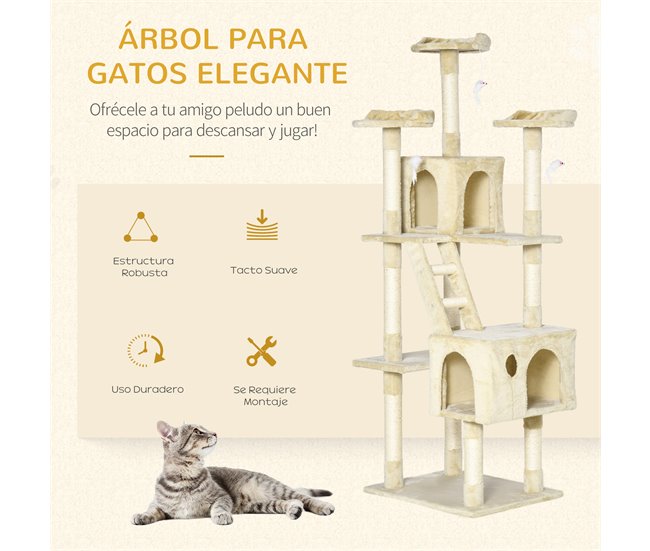 PawHut Rascador Árbol para Gatos Grande 60x49x180 cm con Poste de Arañar  Múltiples Plataformas Escaleras Cuevas Juguetes Centro de Actividades Beige  - Conforama