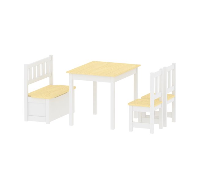 Juego de mesa con 2 sillas y 1 banco para niños Lousame pino Natural/ Blanco