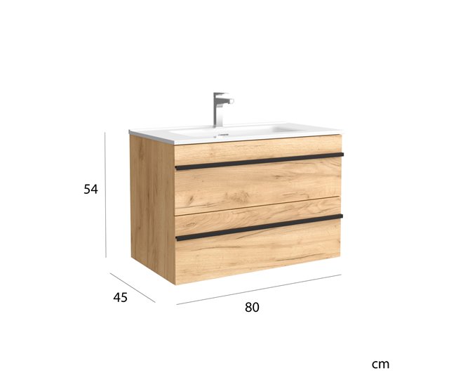Mueble de baño BORN con perfil de tirador - Lavabo de porcelana 80 Roble