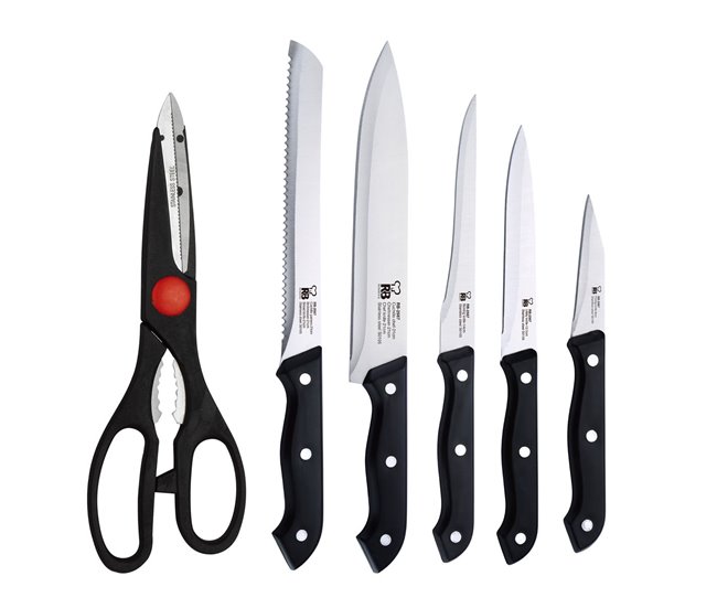 Set de 5 cuchillos + tijeras + pelador + tacoma madera Negro
