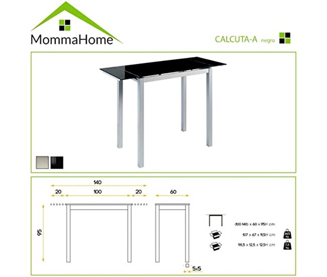 Mesa de Cocina Alta Extensible - Modelo CALCUTA 100x60 Negro