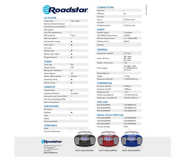 Radio CD Roadstar RCR-4635UMPBK Negro