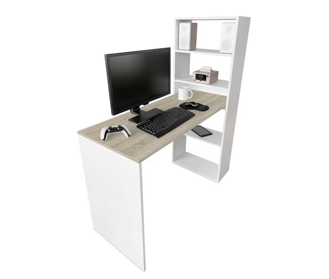 Mesa escritorio estanteria Roy 122x50 Natural/ Blanco