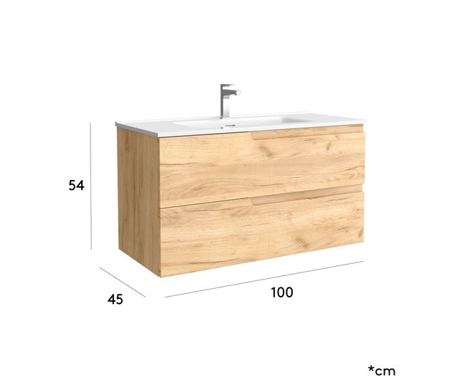 Mueble de baño Tane con uñero desplazado| Lavabo de porcelana 100 Roble