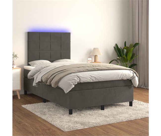 Cama box spring colchón y LED terciopelo - Bloques con cuadros 120x200 Gris