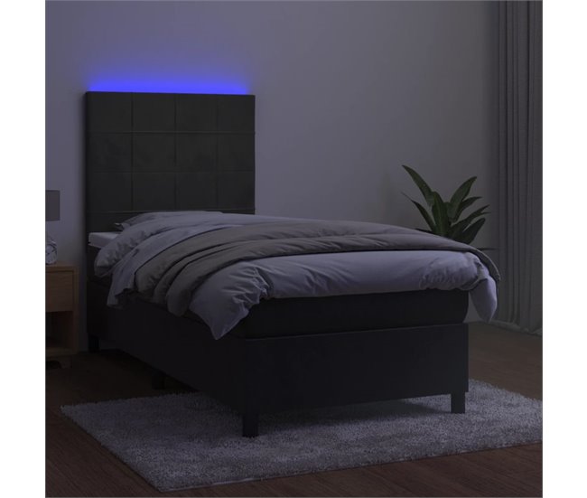Cama box spring colchón y LED terciopelo - Bloques con cuadros 90x200 Gris