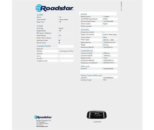 Despertador Roadstar CLR-2477 Negro