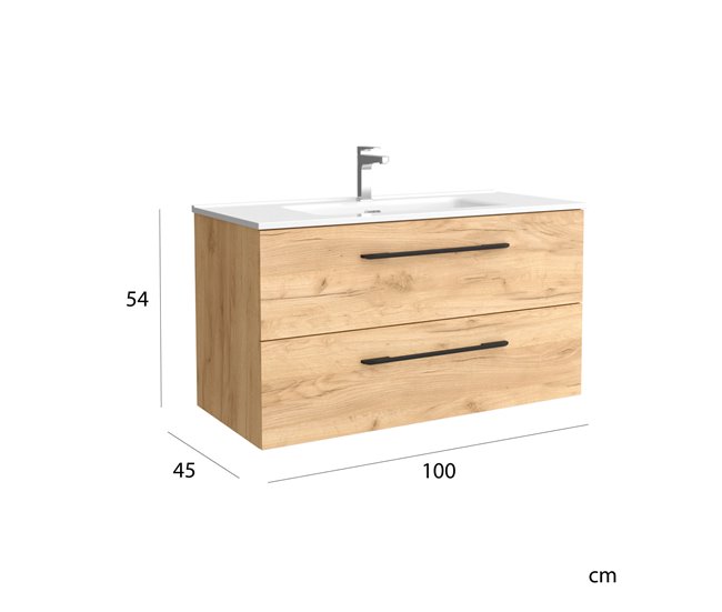 Mueble de baño Morai con tirador  | Lavabo de porcelana 100 Roble