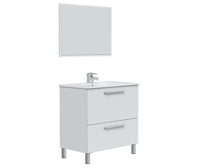 Mueble baño Luis 1 cajón 1 puerta, espejo y lavabo, Blanco brillo Blanco