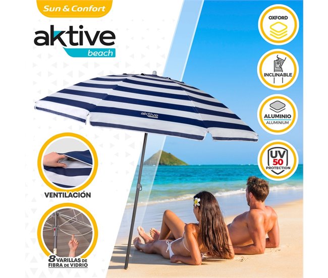 Sombrilla playa antiviento c/mástil reclinable y revestimiento UV50 Aktive Azul
