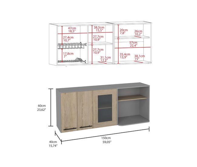 Mueble de Pared Hasselt para cocina, con gabinetes y estanterías interiores Multicolor