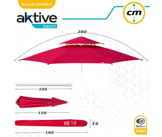 Sombrilla octogonal 280 cm doble techo y protección UV35 +  Aktive Beach Rojo