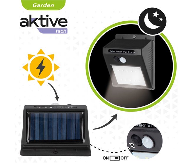 Aplique luz solar 8 led con sensor de movimiento Aktive Tech Negro