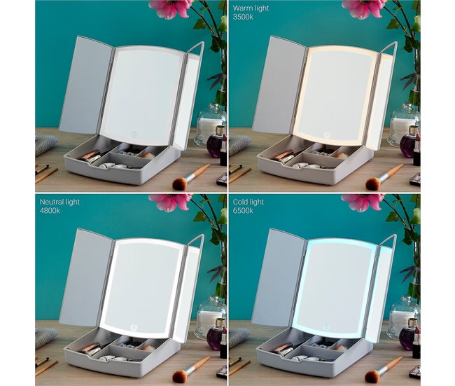Espejo LED Plegable con Organizador de Maquillaje 3 en 1 Blanco