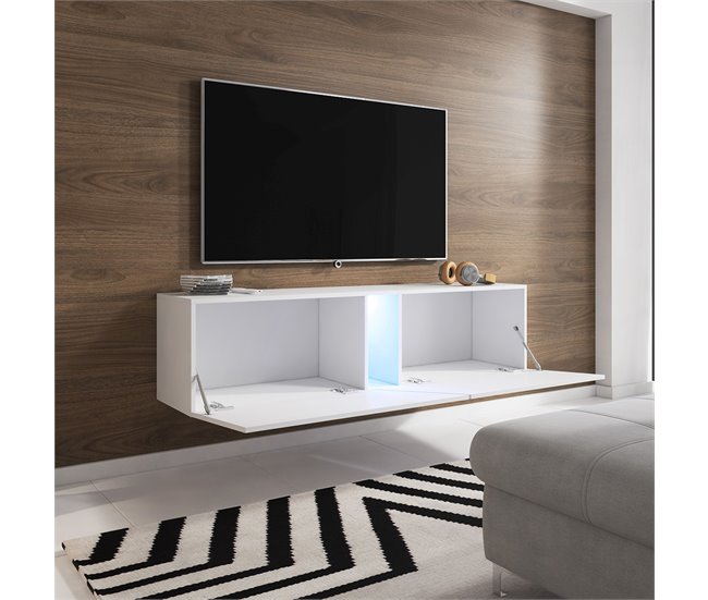 Mueble TV de suelo o pared 2 puertas 1 con LED Maelie 160 Blanco