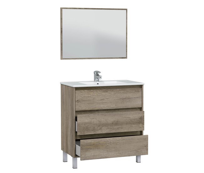 Mueble baño Devin 3 cajones, espejo y lavabo PMMA, Nordik Madera