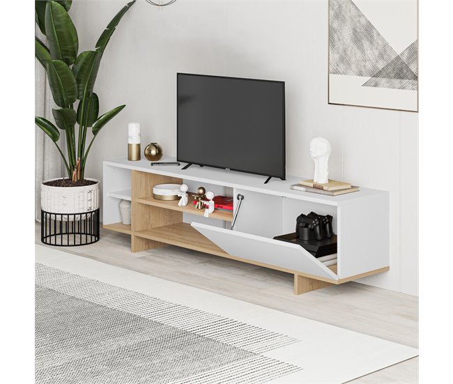 Mueble tv 1 puerta 4 huecos roble y blanco 160 cm CEQUOIA  Blanco