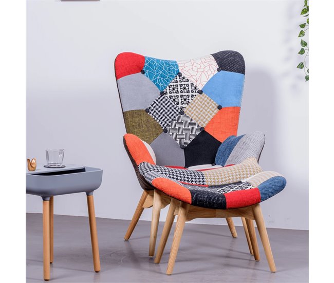 Sillón clásico con reposapiés tapizado en patchwork - Featherston Multicolor