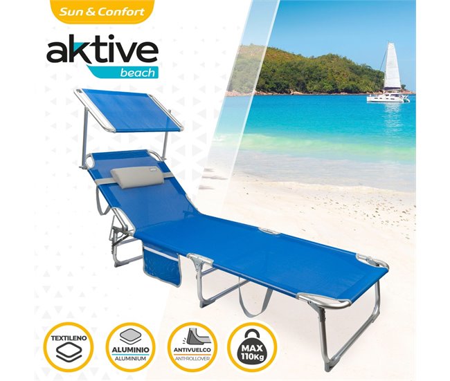Tumbona plegable con parasol y cojín Aktive Beach Azul